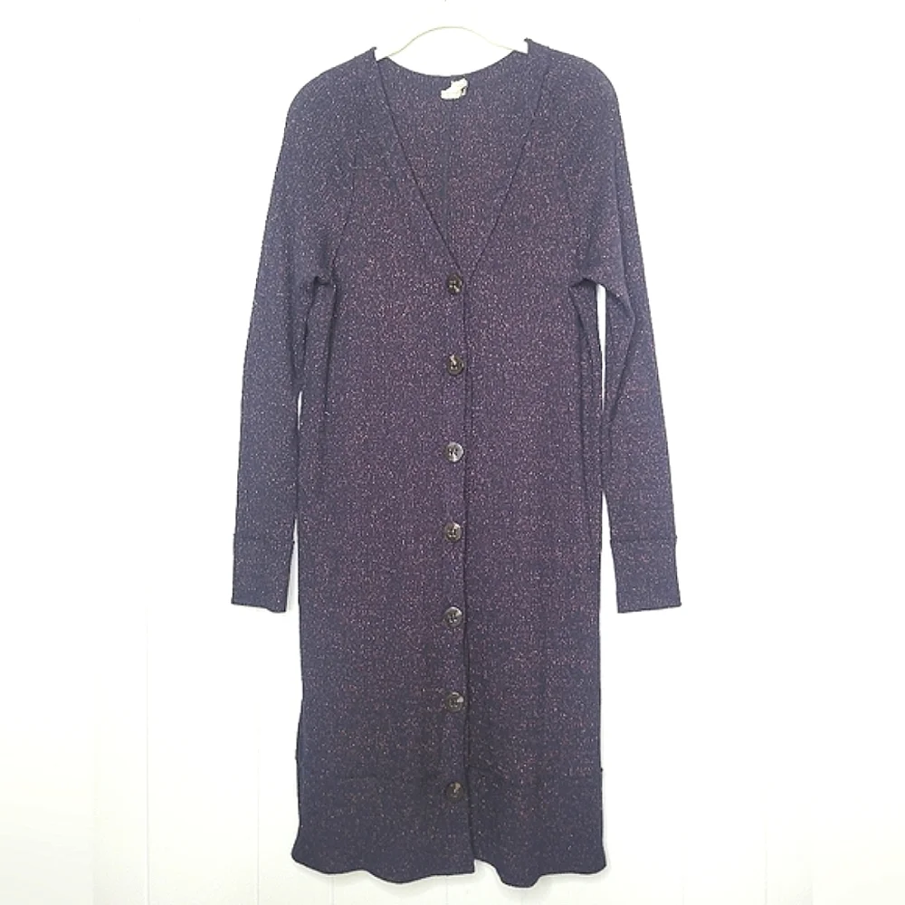 Free People We The Free Long Cardigan Duster Sweater Ribbed Button Up Glitter MD - Picture 3 of 12